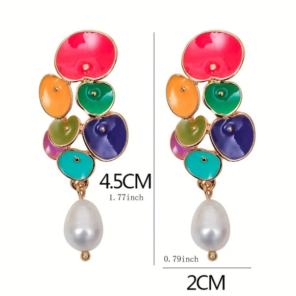 Colorful Floral Faux Pearl Drop Earrings - Picture 3 of 3